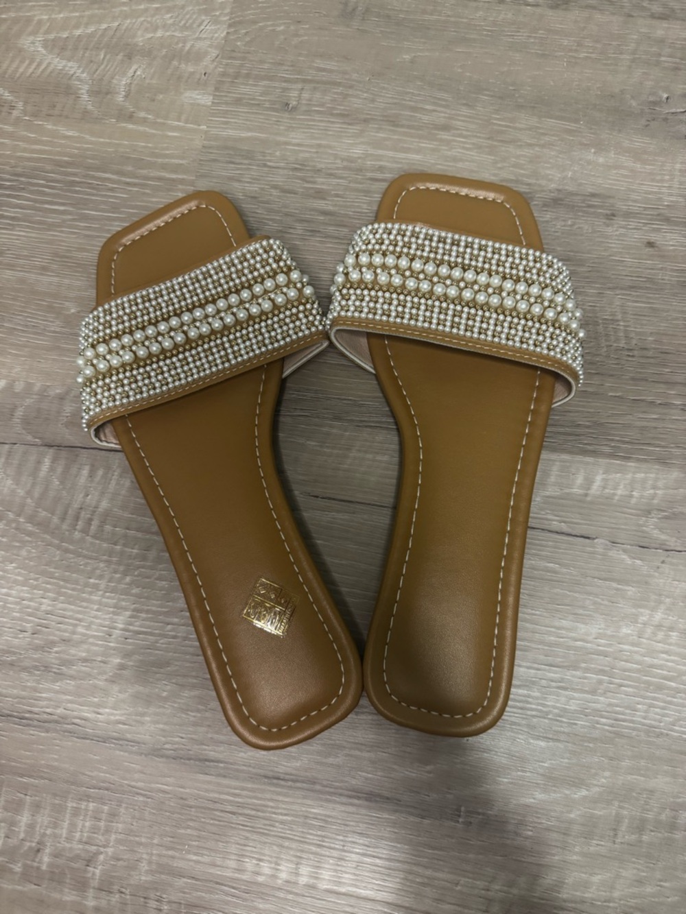 Pearl-Embellished Tan Slide Sandals
